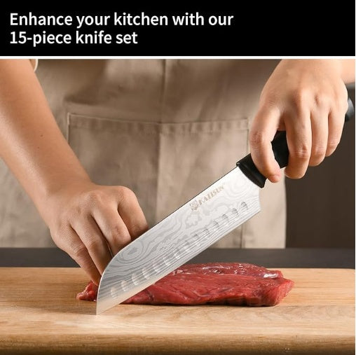 Damascus Pattern 15-Piece Kitchen Knife Set With Block, High Carbon Steel Chef Knife, Includes Sharpener And Scissors, Ergonomic Black Anti-Slip Handle And Red Trim, Perfect For Professionals