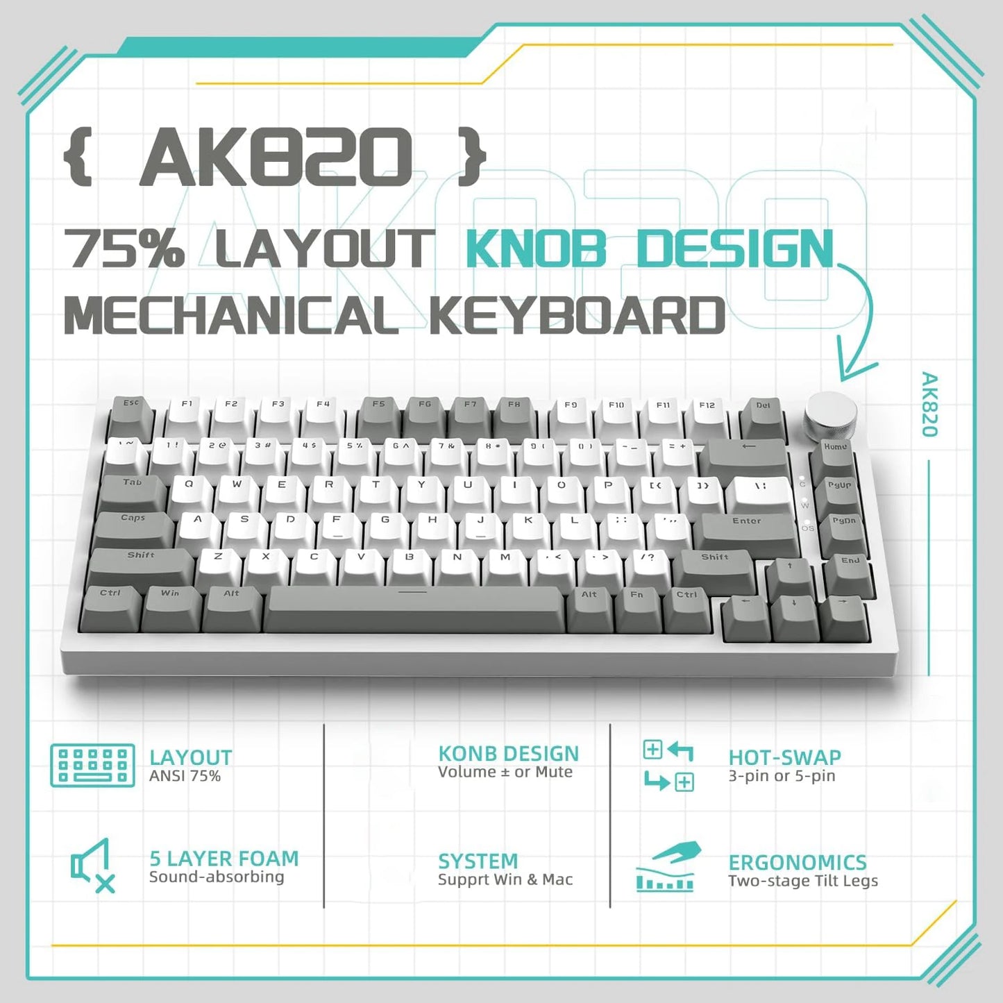 Ajazz AK820/AK820Pro Gaming Mechanical Keyboard Bluetooth 5.1/Wireless/C-Wired Customized Keyboard with Knob Hot Swapping Gasket
