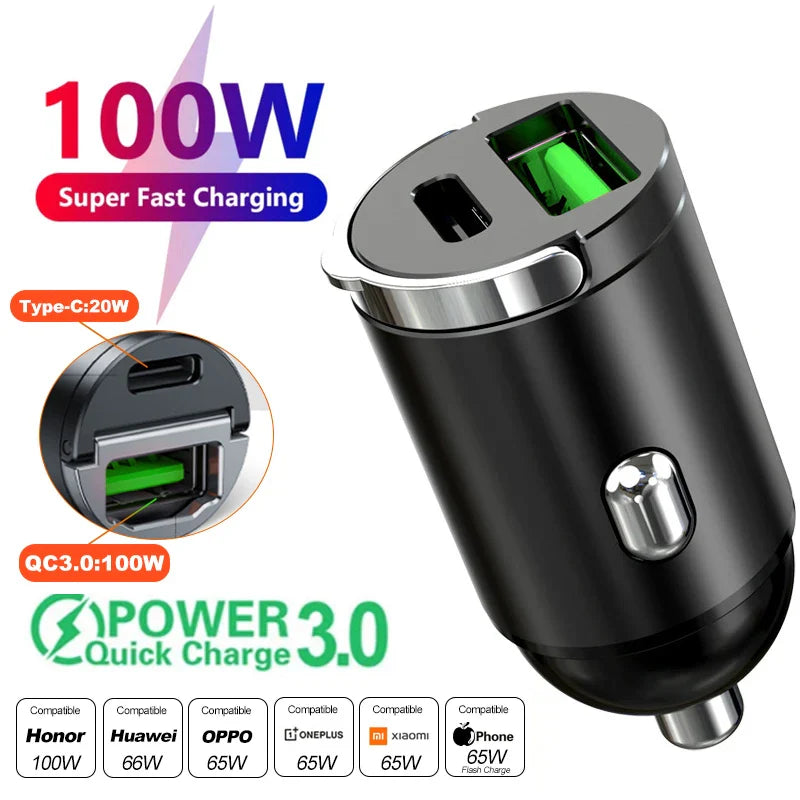 100W/200W QC3.0 PD Mini Car Charger  - 12-24V Fast Charging
