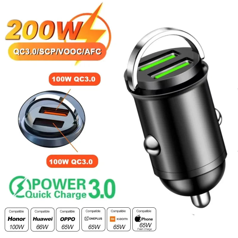 100W/200W QC3.0 PD Mini Car Charger  - 12-24V Fast Charging