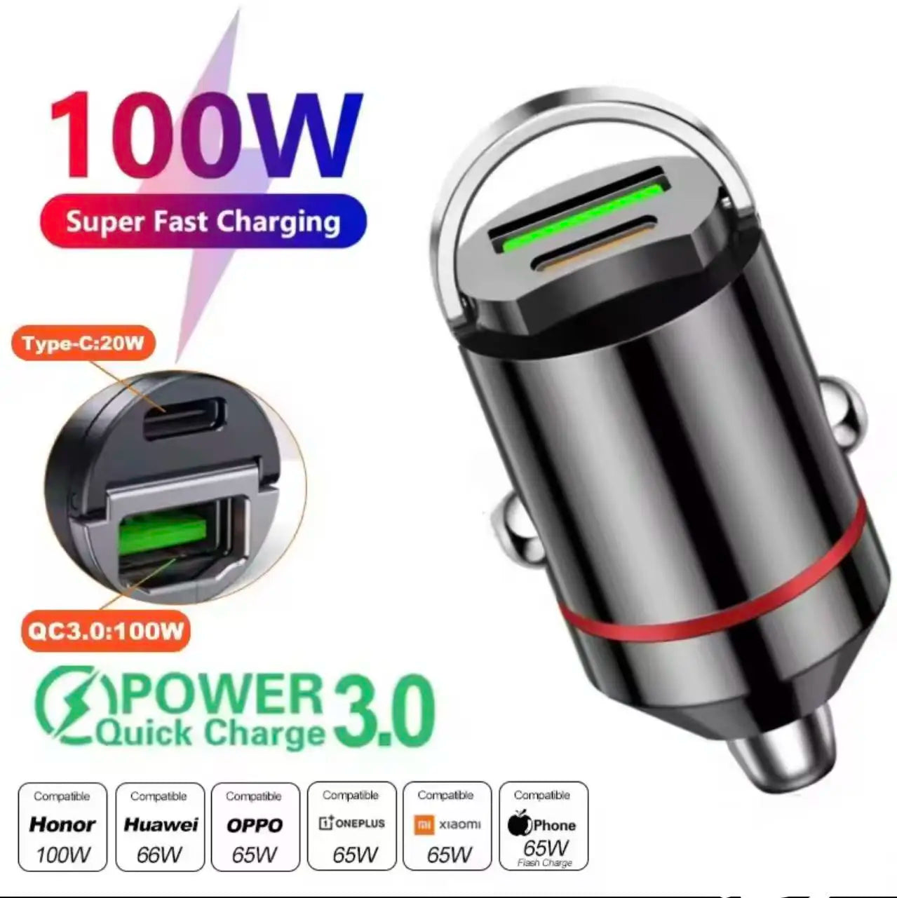 100W/200W QC3.0 PD Mini Car Charger  - 12-24V Fast Charging