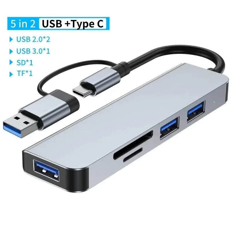 8 in 2 USB +Type C HUB Docking Station with 3.5mm Audio Jack Adapter Micro SD Card Reader Laptop Tablet Phone Disk Converter