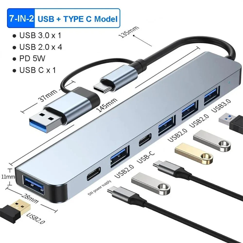 8 in 2 USB +Type C HUB Docking Station with 3.5mm Audio Jack Adapter Micro SD Card Reader Laptop Tablet Phone Disk Converter