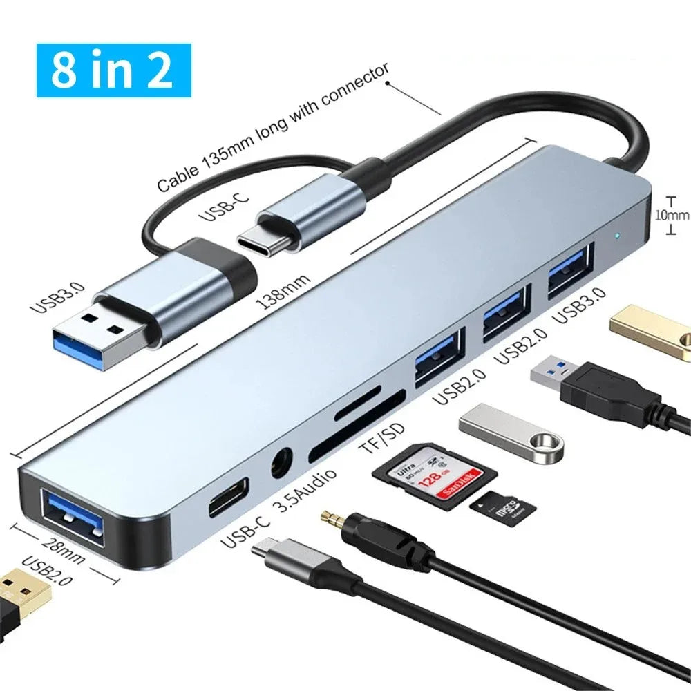 8 in 2 USB +Type C HUB Docking Station with 3.5mm Audio Jack Adapter Micro SD Card Reader Laptop Tablet Phone Disk Converter