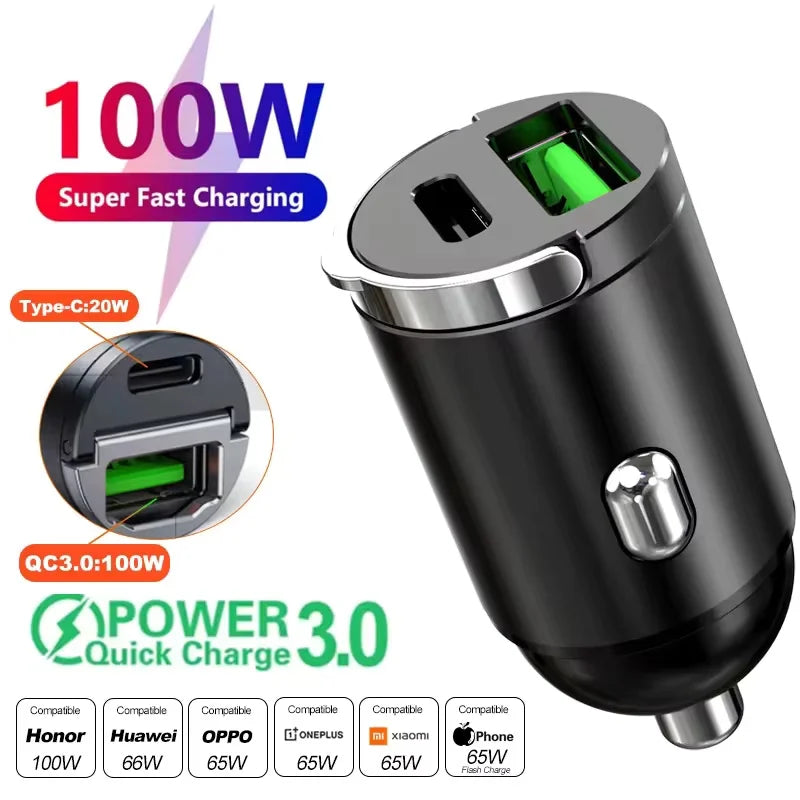 100W/200W QC3.0 PD Mini Car Charger  - 12-24V Fast Charging